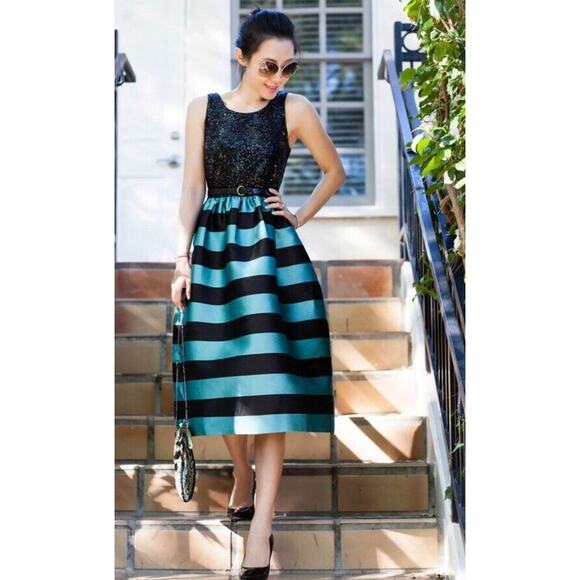 LEIFSDOTTIR Anthropoligie Stripes Sequin Fit & Flare Black Teal Dress Size 4 - Picture 1 of 12